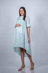 Side view of Mint Blue Maternity High-Low Dress, highlighting the trendy hemline and elegant, flared sleeves.