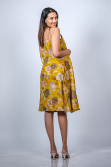  Back view of Mustard Yellow A-Line Maternity Dress showcasing the adjustable spaghetti straps and flowing skirt design.