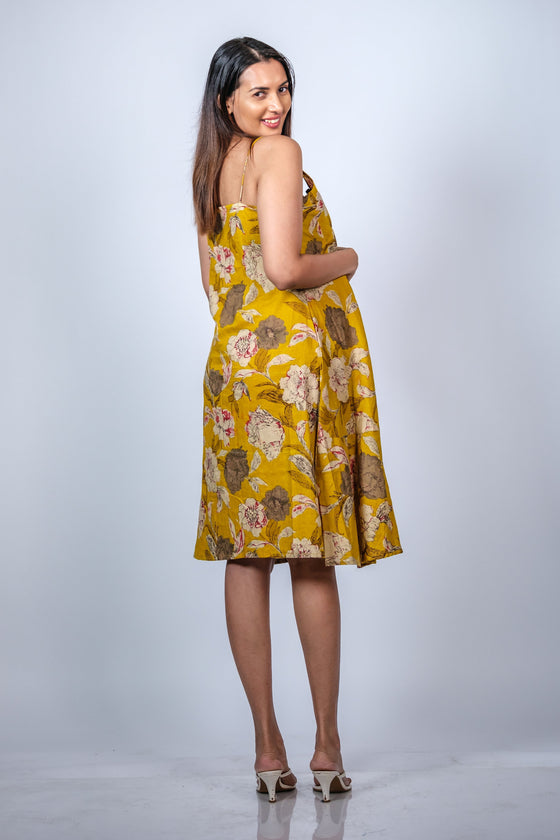 Back view of Mustard Yellow A-Line Maternity Dress showcasing the adjustable spaghetti straps and flowing skirt design.