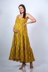 Angled view of Mustard Yellow 3-Layered Maternity Dress highlighting the tiered, flowy silhouette for a chic maternity look.