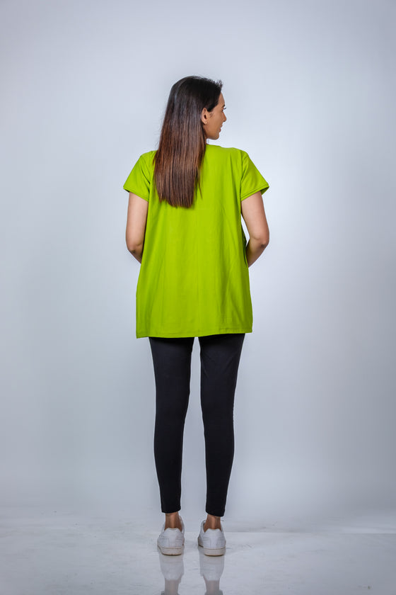 Back view of Neon Green Babydoll Maternity T-Shirt, offering a flowy, relaxed fit for everyday wear.