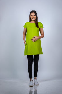  Front view of Neon Green Fit & Flare Maternity Top, showcasing a comfortable and stylish fit for moms-to-be.