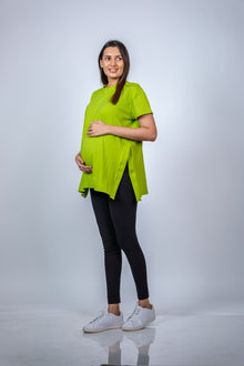  Front view of the Neon Green Maternity T-Shirt, offering a stylish and comfortable fit, perfect for daily wear.
