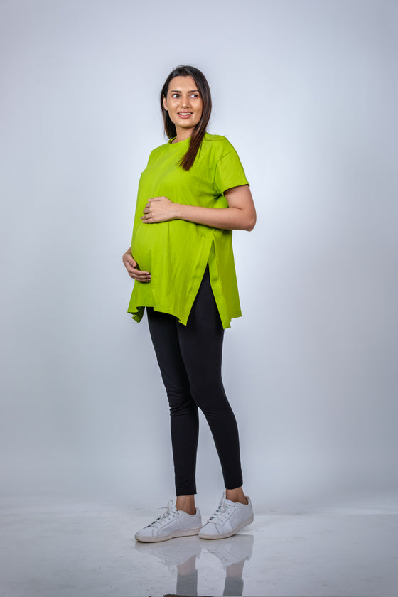 Front view of the Neon Green Maternity T-Shirt, offering a stylish and comfortable fit, perfect for daily wear.