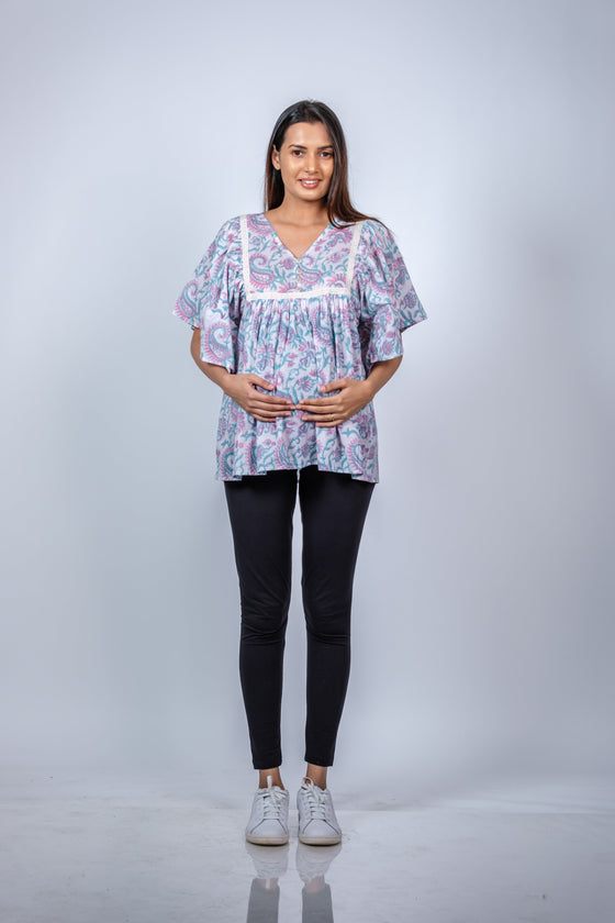 Back view of Pastel Paisley Fit & Flare Maternity Top, showcasing the relaxed and comfortable design.