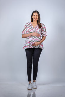  Front view of Pink Floral Delight Fit & Flare Maternity Top, showcasing a flattering fit and vibrant floral print for moms-to-be.