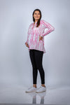 Angled view of Pink Tie-Dye Maternity Shirt, highlighting the relaxed fit and breathable fabric, perfect for casual outings or home wear.