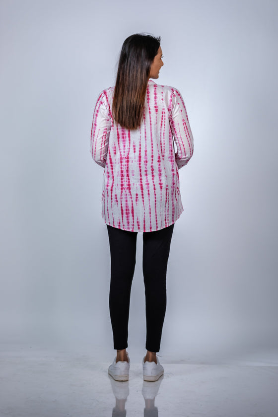 Back view of Pink Tie-Dye Maternity Shirt, showcasing the relaxed fit and versatile design for everyday wear.