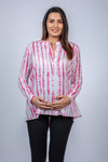 Close-up view of Pink Tie-Dye Maternity Shirt, highlighting the button-down design and comfortable fit for moms-to-be.