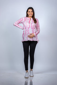  Front view of Pink Tie-Dye Maternity Shirt, featuring a relaxed fit and button-down design for moms-to-be.