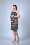 Front view of the Printed Frill Maternity Midi Dress, showcasing the delicate spaghetti straps and frill details.