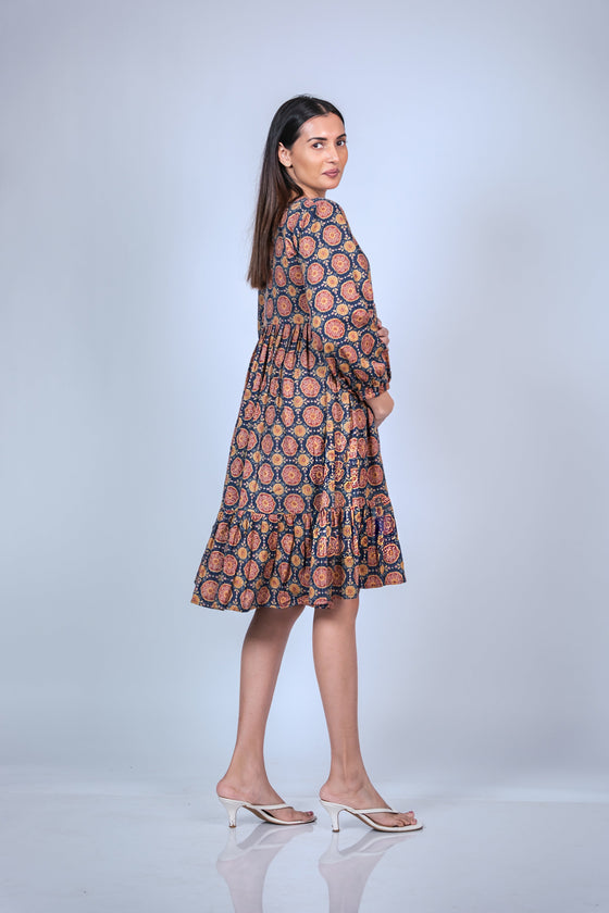Angled view of printed maternity fit & flare dress showcasing balloon sleeves and a playful ruffled hem, designed for comfort and style during pregnancy.