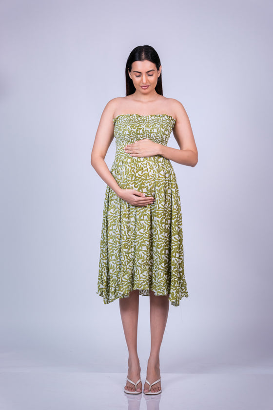 Posed view of the Printed Strapless Maternity Smock Dress, accentuating the strapless design and flowy A-line shape.