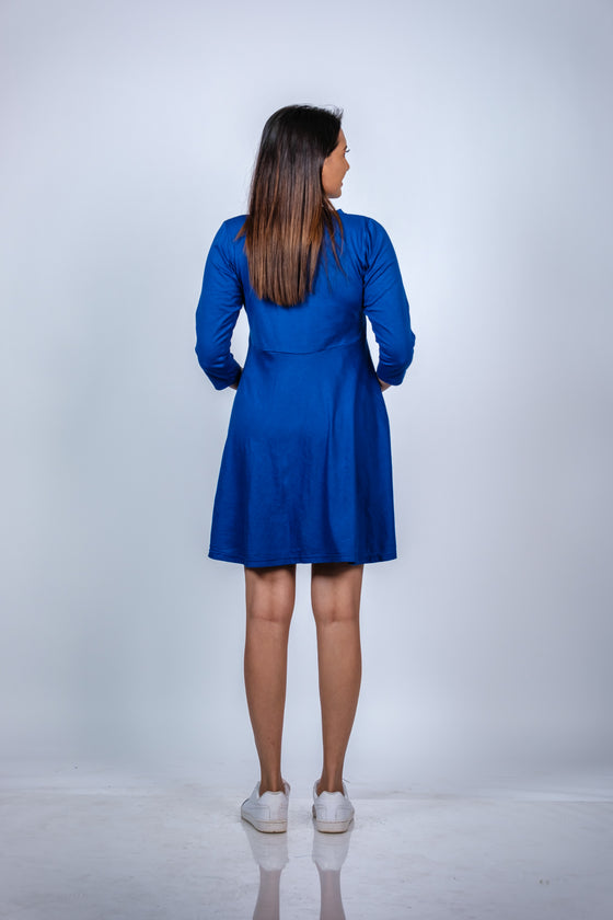 Back view of Royal Blue A-Line Maternity T-Shirt Dress, featuring a breathable design and elegant A-line silhouette for moms-to-be.