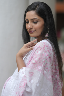  Close-up view of Serene Pink & White Maternity Kurti Set, showcasing delicate pink embroidery and a soft, elegant design for moms-to-be.