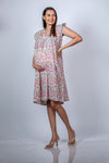 Front view of Soft Pink Paisley Bliss Fit n' Flare Maternity Dress, featuring a flattering fit for expecting moms.