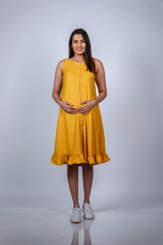 Front view of Sunshine Yellow Fit & Flare Maternity Dress, featuring a comfortable fit and vibrant yellow color for a chic maternity look.