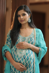 Close-up view of Tranquil Blue Maternity Kurti Set, featuring elegant embroidery and a flattering fit for moms-to-be, perfect for both casual and festive occasions.