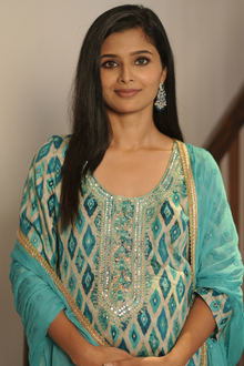  Front view of Tranquil Blue Maternity Kurti Set with intricate embroidery, paired with a matching dupatta, offering a stylish and comfortable fit for moms-to-be.