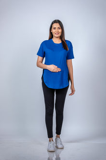  Front view of Vibrant Blue Maternity T-Shirt, showcasing a comfortable and stylish fit for moms-to-be.