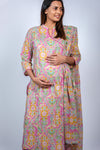 Angled view of Vibrant Pink Floral A-Line Maternity Kurti Set, featuring a floral design and matching dupatta, perfect for special occasions.