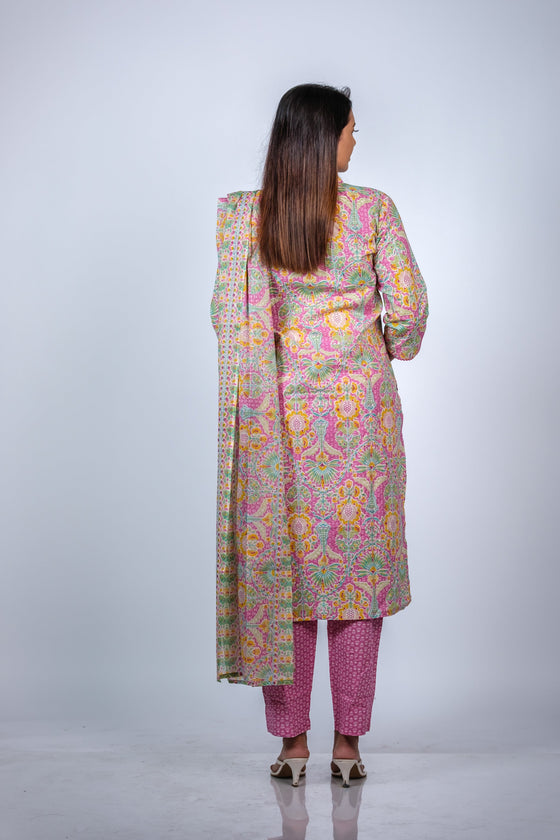 Back view of Vibrant Pink Floral A-Line Maternity Kurti Set with Dupatta, highlighting the intricate floral print and elegant fit.