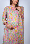 Close-up view of Vibrant Pink Floral A-Line Maternity Kurti Set, highlighting the vibrant floral print and elegant design for moms-to-be.