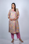 Front view of Vibrant Pink Floral A-Line Maternity Kurti Set with Dupatta, featuring a lively floral print and a comfortable fit for moms-to-be.