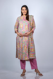  Front view of Vibrant Pink Floral A-Line Maternity Kurti Set with Dupatta, featuring a lively floral print and a comfortable fit for moms-to-be.