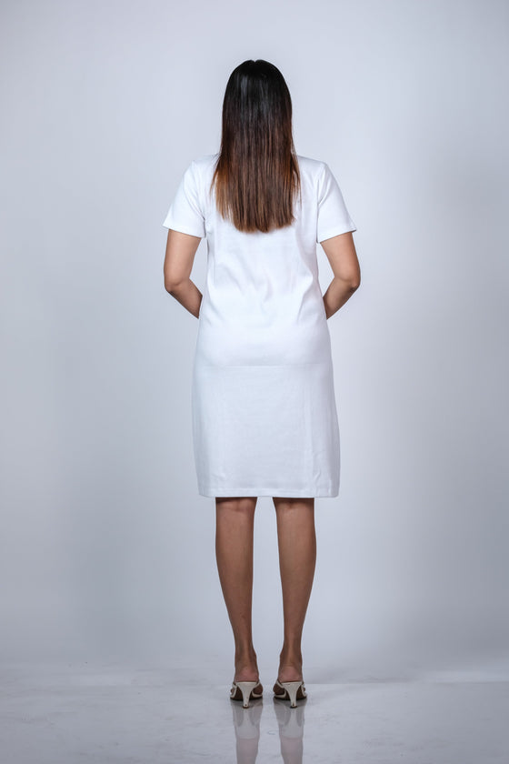 Close-up view of White Maternity A-Line T-Shirt Dress, focusing on the simple yet elegant design for everyday wear.