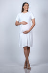Side view of White Maternity A-Line T-Shirt Dress, highlighting the classic A-line silhouette with short sleeves.